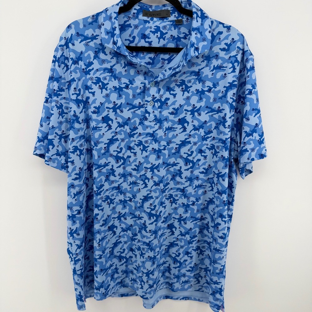 G/FORE XL Baja Mapped Icon Camo Tech Jersey Golf Polo Blue Skull Print